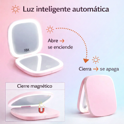 Espejo Compacto con Luz LED Recargable – Portátil y con Aumento