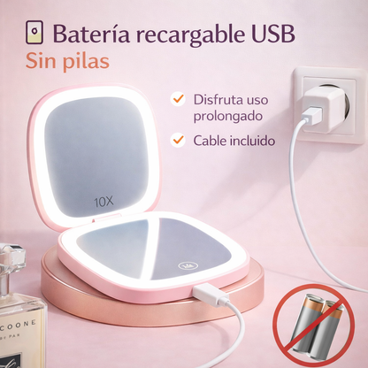 Espejo Compacto con Luz LED Recargable – Portátil y con Aumento