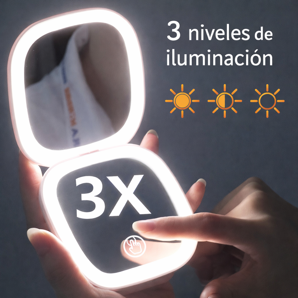 Espejo Compacto con Luz LED Recargable – Portátil y con Aumento